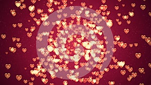 Valentine`s day background, flying abstract hearts and particles