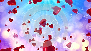 Valentine`s day background, flying abstract hearts and particles