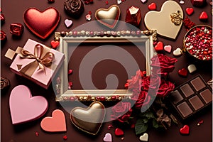 Valentine`s Day background. Frame made with rose flowers, gifts, chocolate, hearts, Valentines day greeting card concept. copy