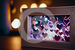 Valentine`s Day background. Frame made with rose flowers, gifts, chocolate, hearts, Valentines day greeting card concept. copy