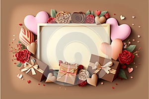 Valentine`s Day background. Frame made with rose flowers, gifts, chocolate, hearts, Valentines day greeting card concept. copy