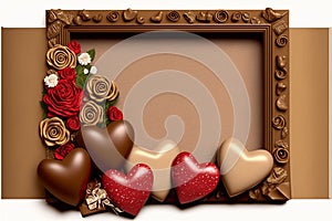 Valentine`s Day background. Frame made with rose flowers, gifts, chocolate, hearts, Valentines day greeting card concept. copy