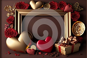Valentine`s Day background. Frame made with rose flowers, gifts, chocolate, hearts, Valentines day greeting card concept. copy photo