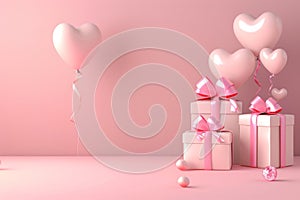 Valentine's Day background with gift boxes, hearts and balloons. 3D Render