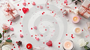 Valentine's Day background. Gifts, candle, confetti, envelope on pastel background. Valentines day concept. Flat lay