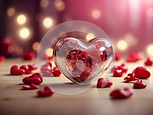 valentine\'s day background, glass red hearts, glitter, rose petals