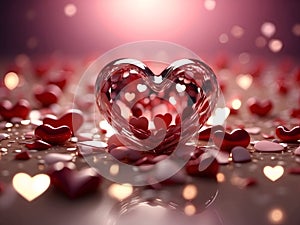 valentine\'s day background, glass red hearts, glitter, rose petals