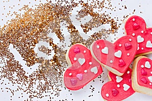 Valentine`s Day background - gold sprinkle love and heart shaped