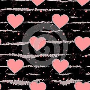 Valentine s Day background. Grunge brush strokes Hearts and Stripes Seamless pattern. Love.