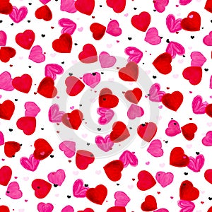 Valentine`s Day background with hand drawn pink and red heart background. Seamless pattern for textile design