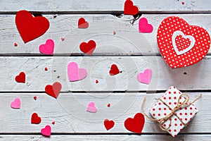 Valentine`s Day background with handmade felt hearts. Valentine, romantic, love concept. Happy lovers day greeting card mockup. C