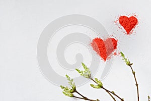 Valentine`s day background. Heart made of red crumbs on a white background. top view. Copy space. Flat lay. Greeting card.