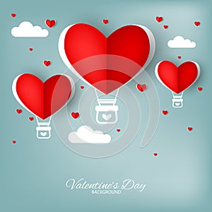 Valentine`s day background of heart shape hot air balloon with heats and lined pattern on blue sky with white clouds.