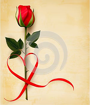 Valentine`s day background with heart shaped ribon and a rose. V