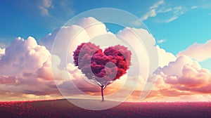 Valentine's day background with heart shaped tree, green field and clouds