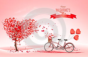 Valentine`s Day background with a heart shaped tree and a tandem bicycle