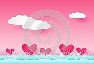 Valentine`s day background with hearts, clouds and grass. Paper syle. Vector eps 10.