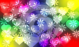 Valentine\'s day background with hearts and flowers in rainbow colors