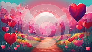 Valentine\'s day background, hearts flying around, red and purple fileds with sunset. AI generated