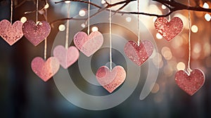 Valentine\'s Day background with hearts hanging on a tree branch. Generative AI