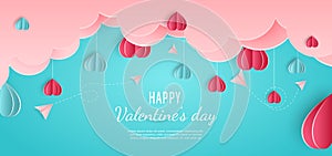 Valentine`s day background. Hearts pink and blue papaer cut card on blue background. Decor clouds and plane with space for text