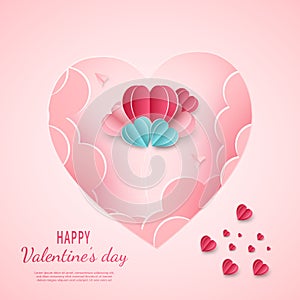 Valentine\'s day background. Hearts pink and blue papaer cut card on blue background. Decor plane with space for text
