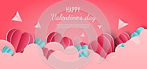 Valentine`s day background. Hearts pink and blue papaer cut card on pink background. Decor clouds and plane with space for text