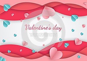 Valentine`s day background. Hearts pink and blue papaer cut card on white background