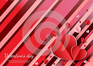 Valentine`s day background. Hearts pink and red papaer cut card on diagonal red background with space for text