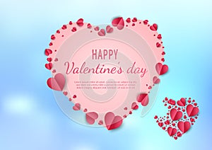 Valentine\'s day background. Hearts red papaer cut card on light blue background