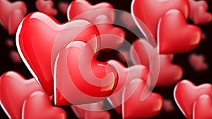 Valentine`s Day background with hearts, red shiny hearts 3D illustration
