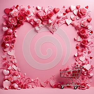 Valentine\'s day background with hearts and shopping cart on pink background