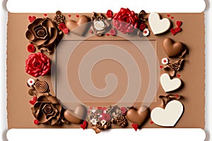 Valentine`s Day background. horizontal frame postcard paper kraft, made of gifts, hearts, roses and chocolates of Valentines day,