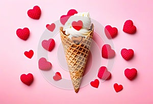 Valentine\'s day background. Ice cream waffle cone with ginger cookie in shape heart on pink