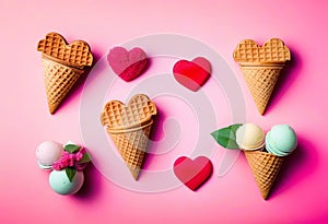 Valentine\'s day background. Ice cream waffle cone with ginger cookie in shape heart on pink