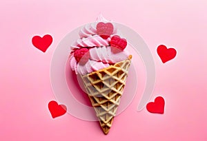 Valentine\'s day background. Ice cream waffle cone with ginger cookie in shape heart on pink