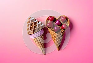 Valentine\'s day background. Ice cream waffle cone with ginger cookie in shape heart on pink