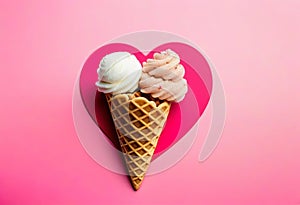 Valentine\'s day background. Ice cream waffle cone with ginger cookie in shape heart on pink