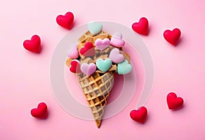 Valentine\'s day background. Ice cream waffle cone with ginger cookie in shape heart on pink