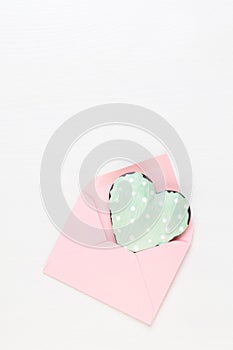 Valentine`s Day background. Letter on white background. Valentines day concept. Flat lay, top view, copy space