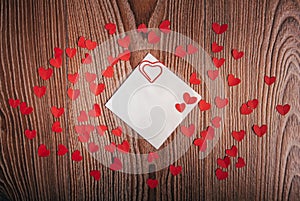 Valentine`s day background with love letters, keys and heart shapes. New house.