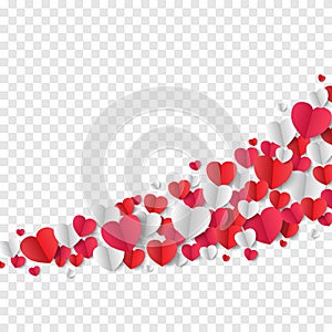 Valentine`s Day background, paper hearts on transparent background, vector