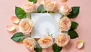 Valentine\'s day background with peach colored roses and a blank card