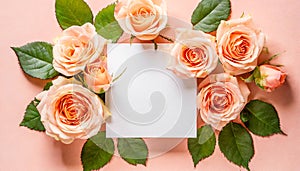 Valentine\'s day background with peach colored roses and a blank card. Color of the year 2024.