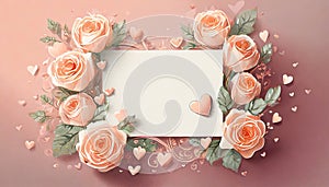 Valentine\'s day background with peach colored roses and a blank card. Color of the year 2024.