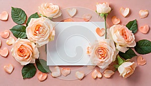 Valentine\'s day background with peach colored roses and a blank card. Color of the year 2024.