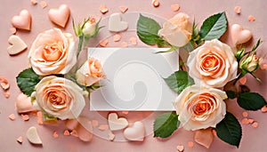 Valentine\'s day background with peach colored roses and a blank card. Color of the year 2024.