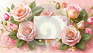 Valentine\'s day background with peach-rose colored roses and a blank card. Top view