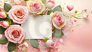 Valentine\'s day background with peach-rose colored roses and a blank card. Top view