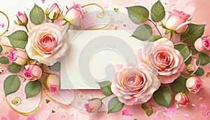 Valentine\'s day background with peach-rose colored roses and a blank card. Top view